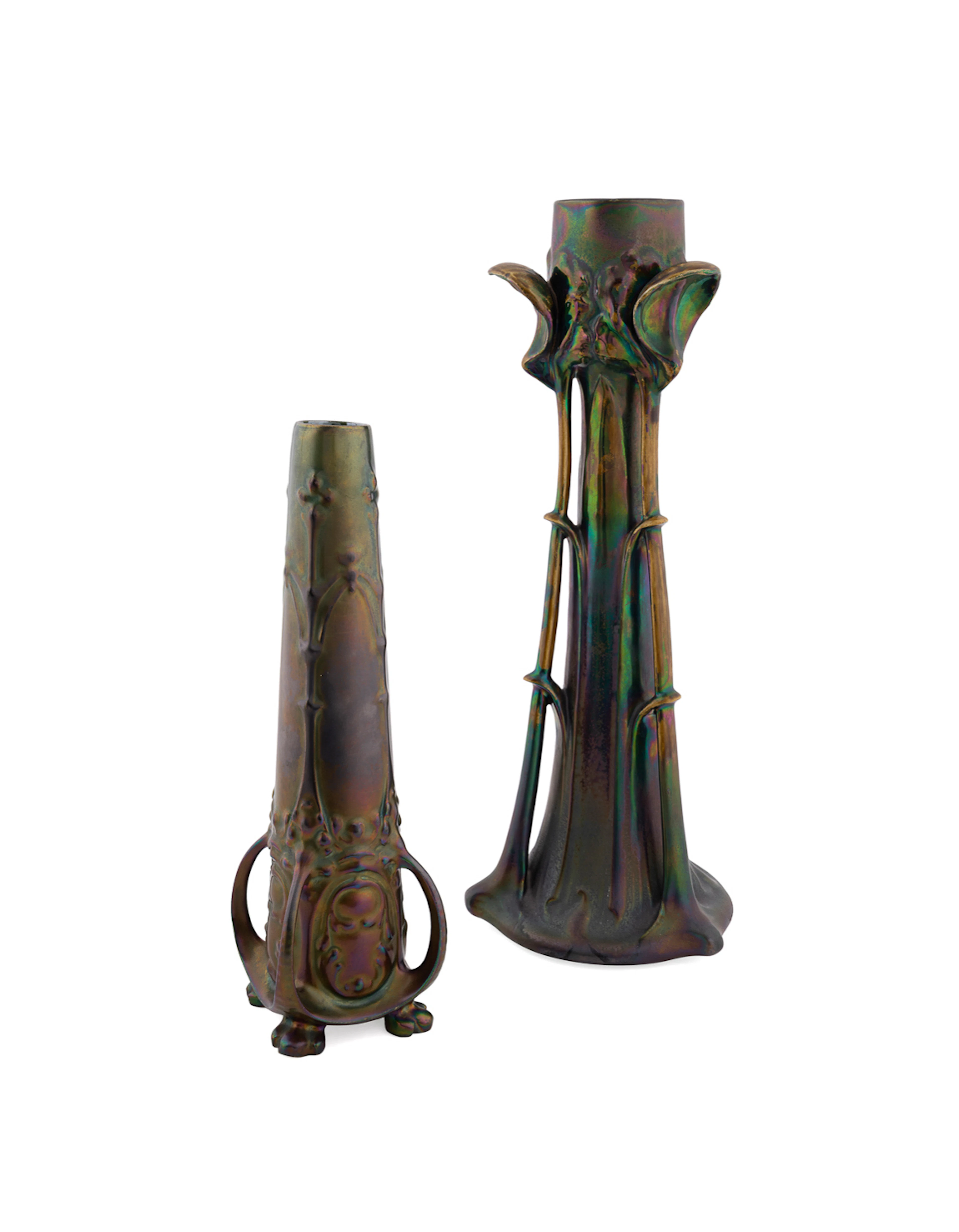 Two Art Nouveau Heliosine Ware Floral Motif Vases