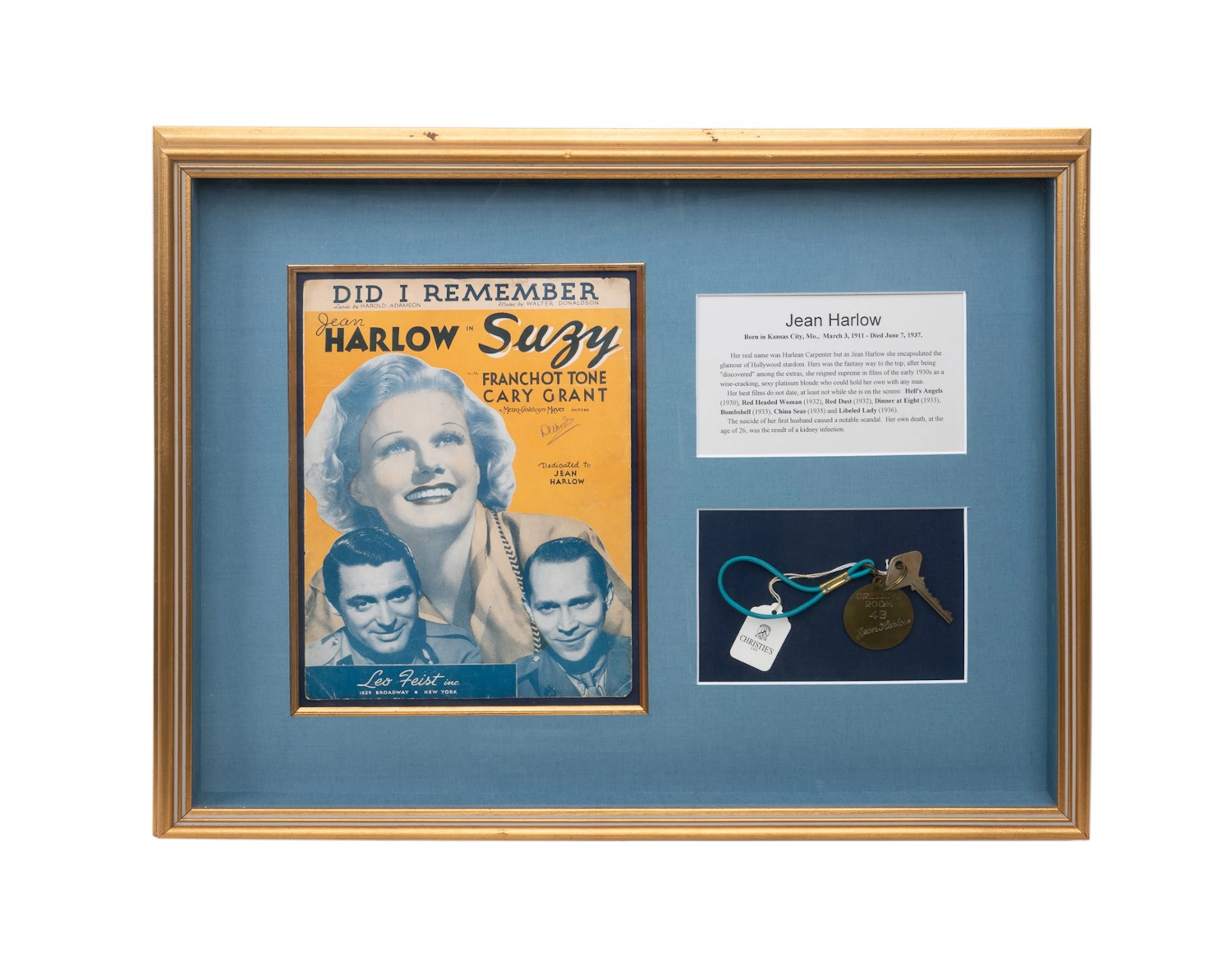 Jean Harlow's Dressing Room Key in Shadow Box, American, 1930s.
