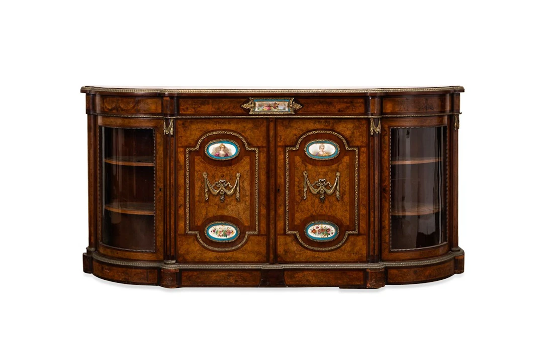 19th C. Napoleon III Porcelain Plaque Walnut Credenza