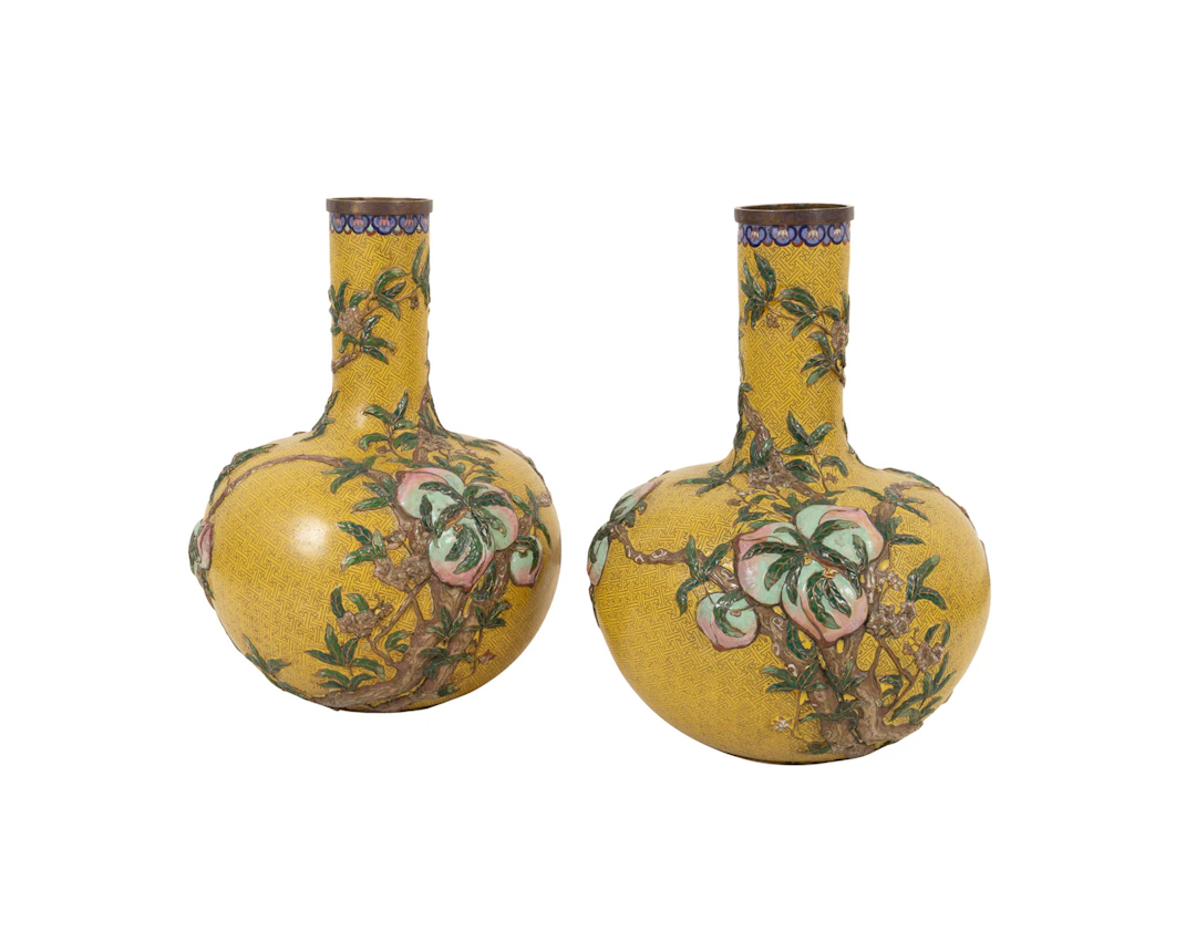 PR. Yellow Cloisonne "Nine Peaches" Bottle Vases