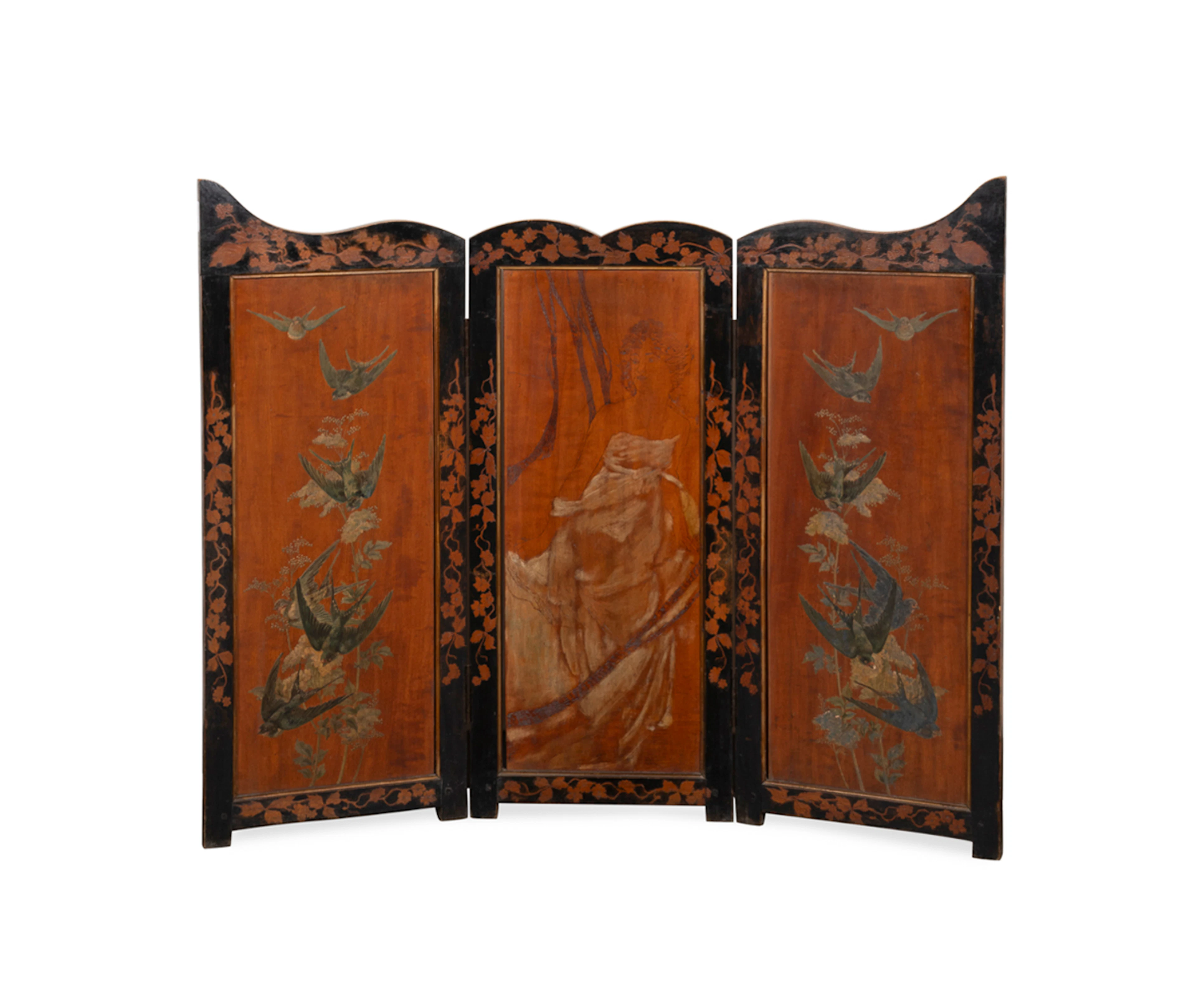 Art Nouveau Pyrography & Painted Screen, C. 1900
