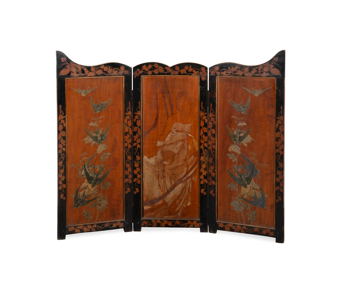 Art Nouveau Pyrography & Painted Screen, C. 1900