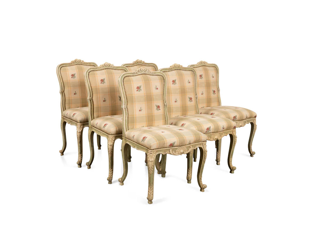 Six Rococo Style Green Distressed Side Chairs