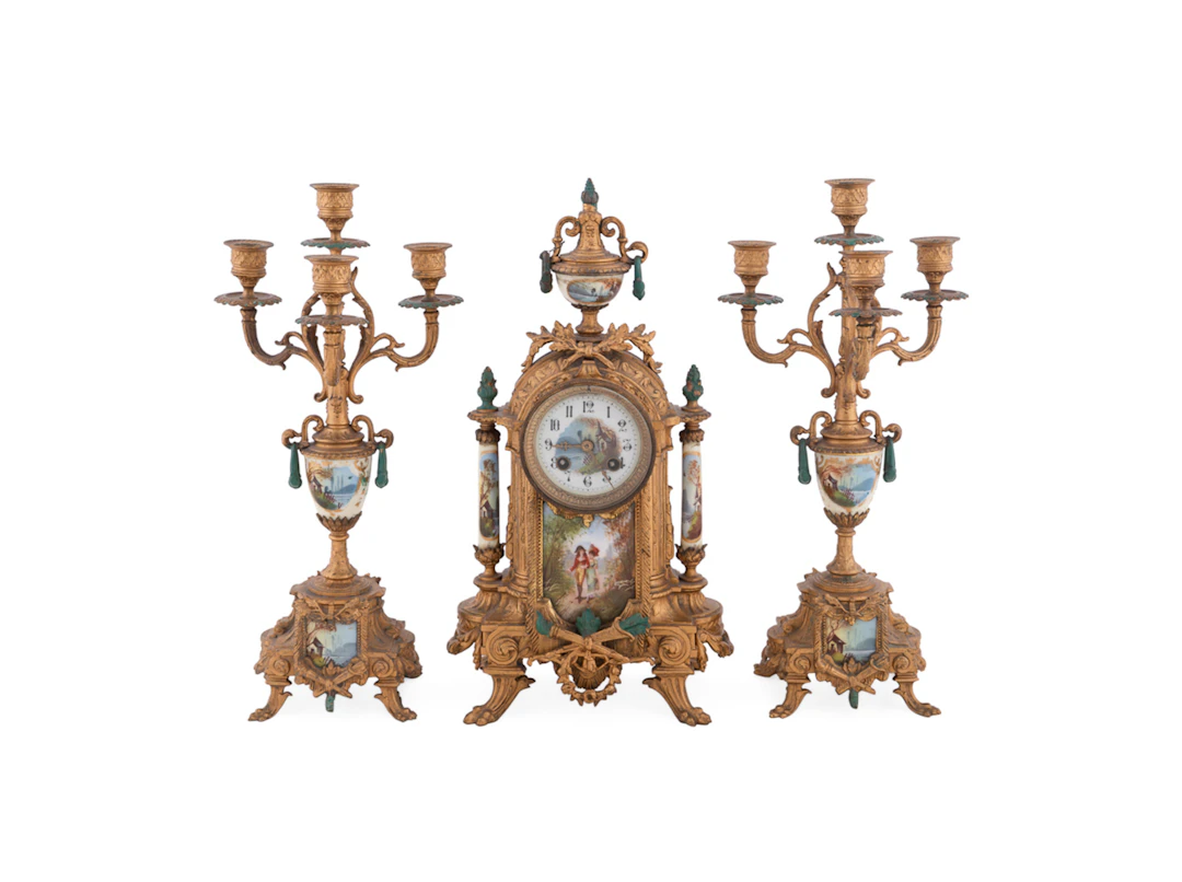 Lancini Style Garniture clock & Pr. of Candelabras