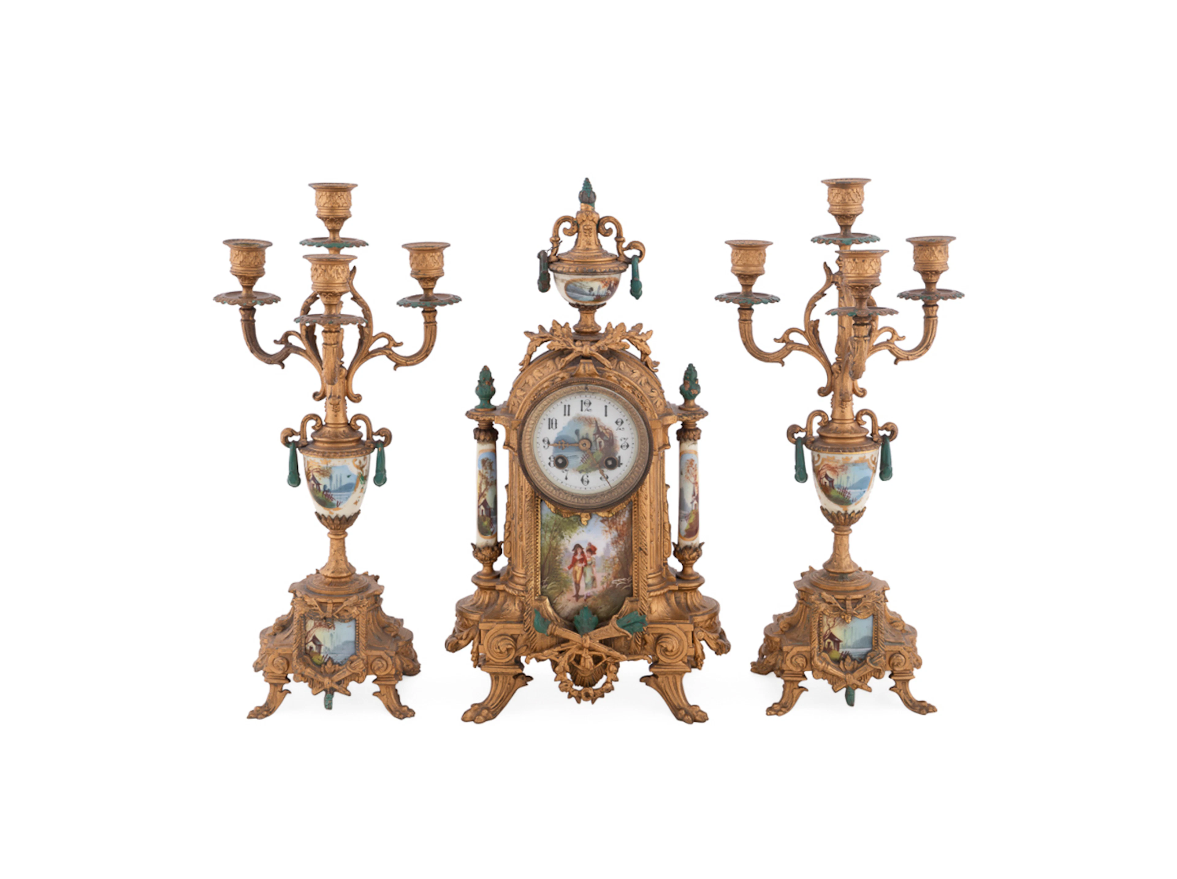 Lancini Style Garniture clock & Pr. of Candelabras