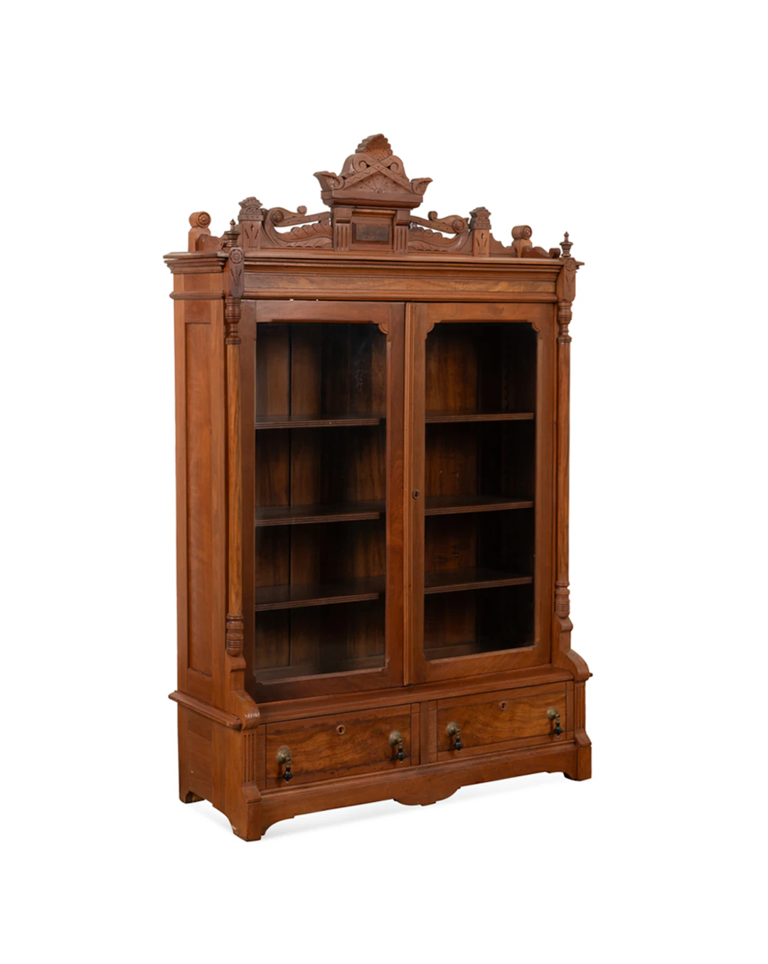 Antique Walnut & Glass Door Bookcase Cabinet