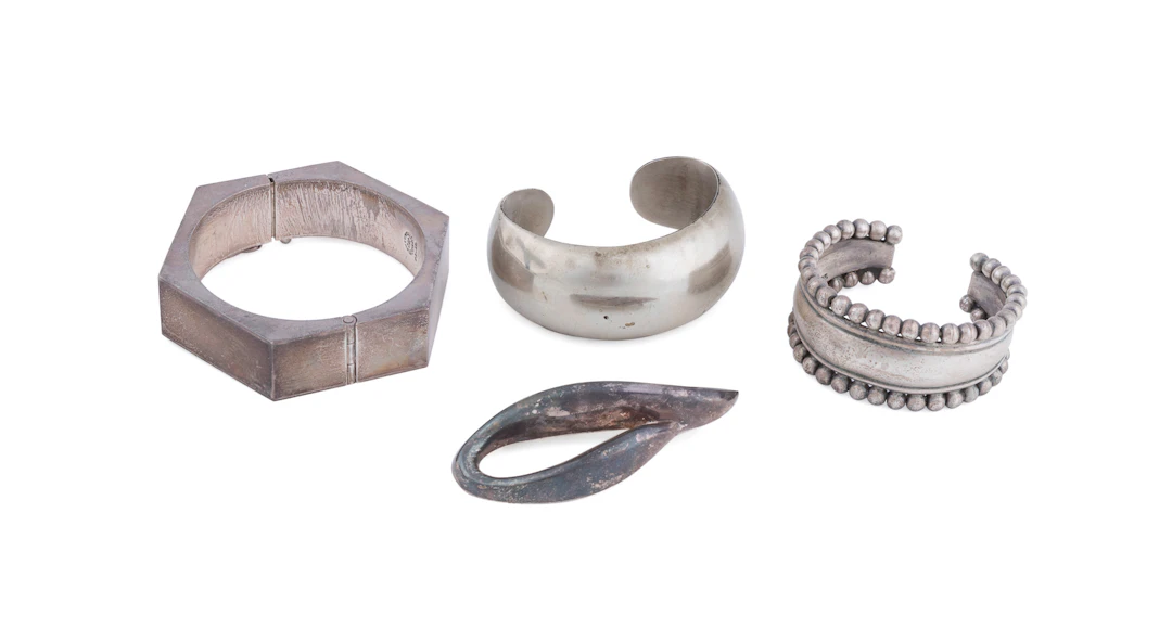 4 Pcs, Mexican Sterling Silver Bracelets & Brooch