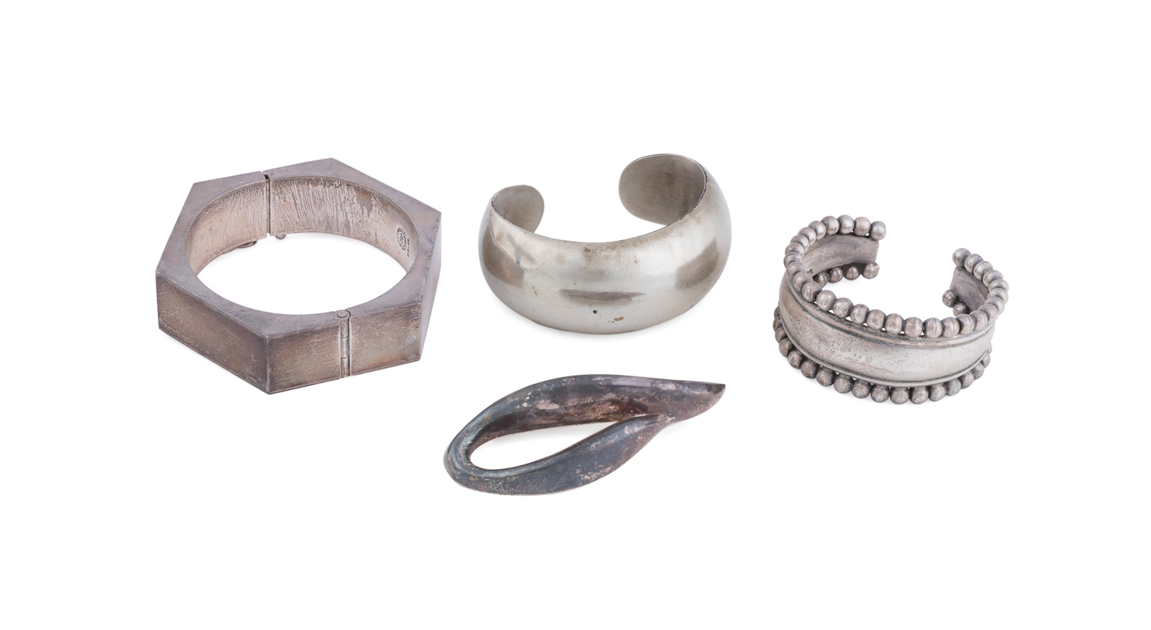 4 Pcs, Mexican Sterling Silver Bracelets & Brooch