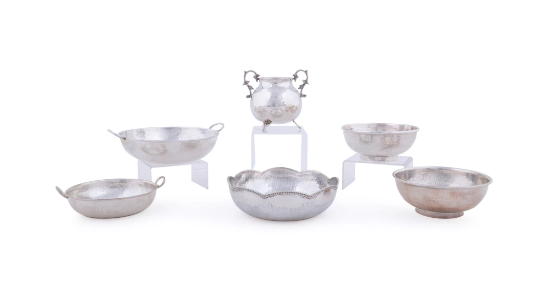 Six Pieces of Hammered Sterling Hollowware, Mid-20th Century, Mainly