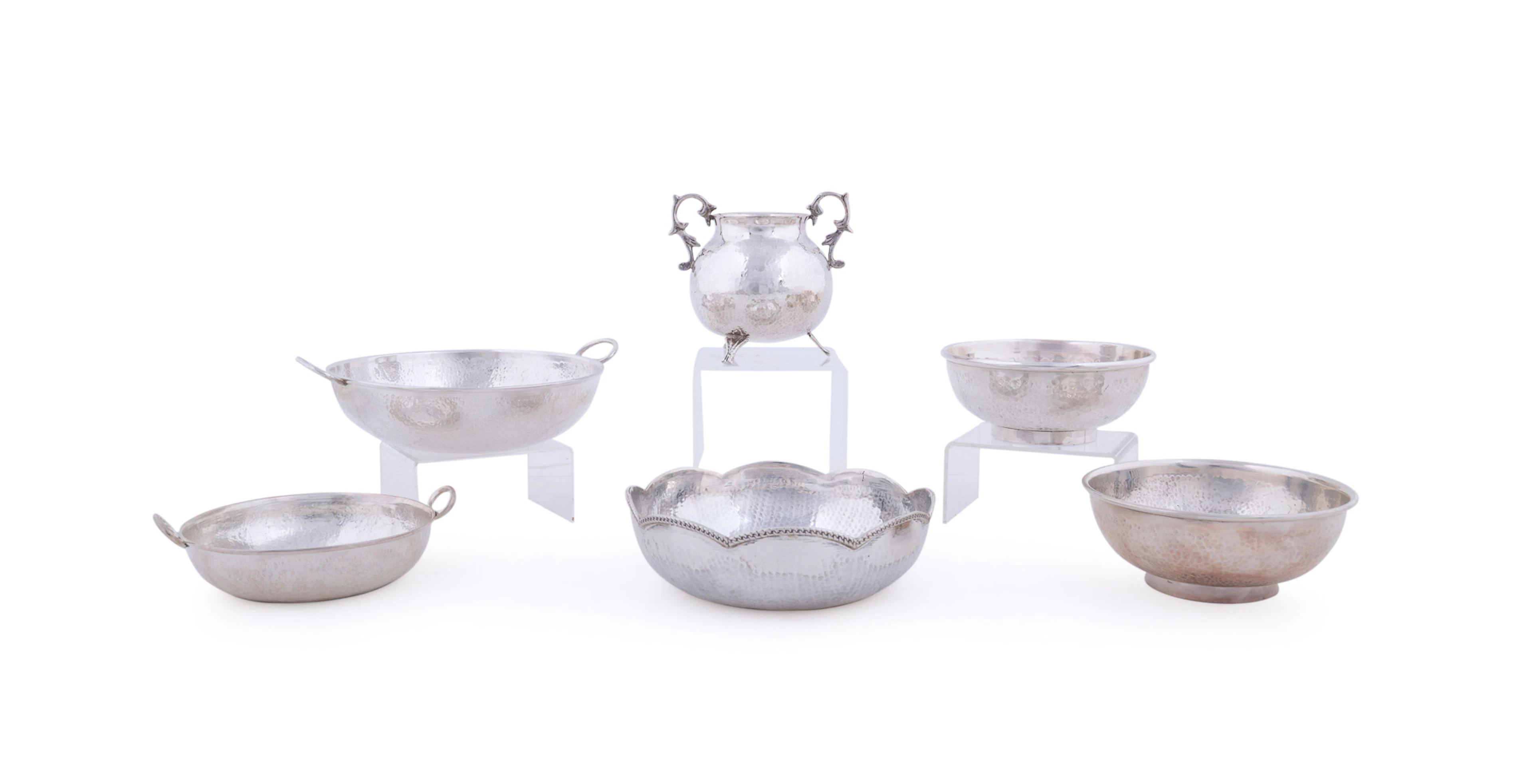 Six Pieces of Hammered Sterling Hollowware, Mid-20th Century, Mainly