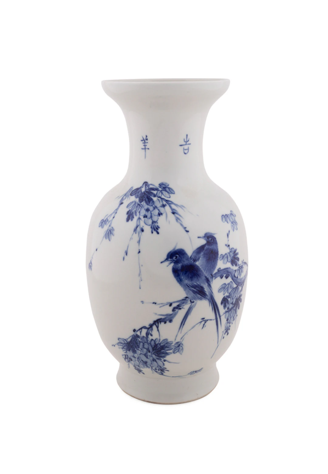 Chinese Blue & White Bird Motif Porcelain Vase