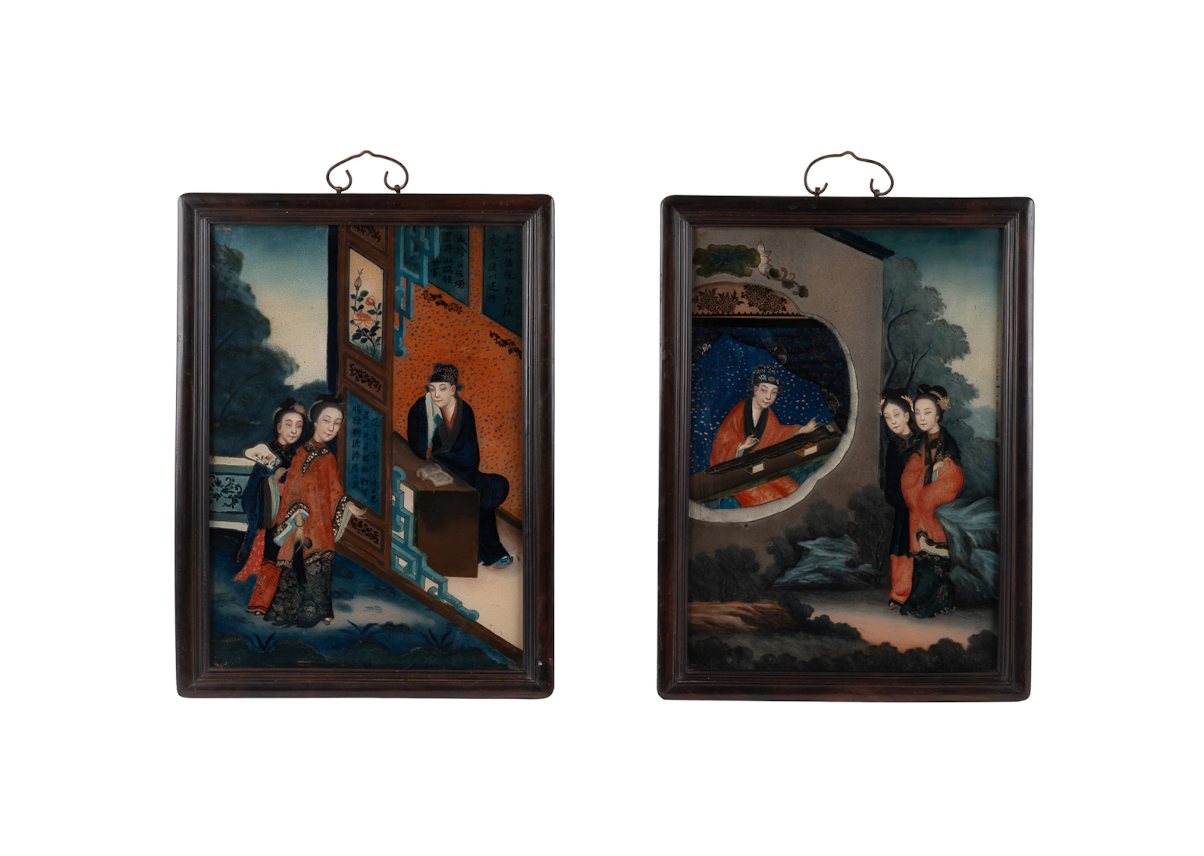 Pair of Chinese Reverse Painted Figural Panels