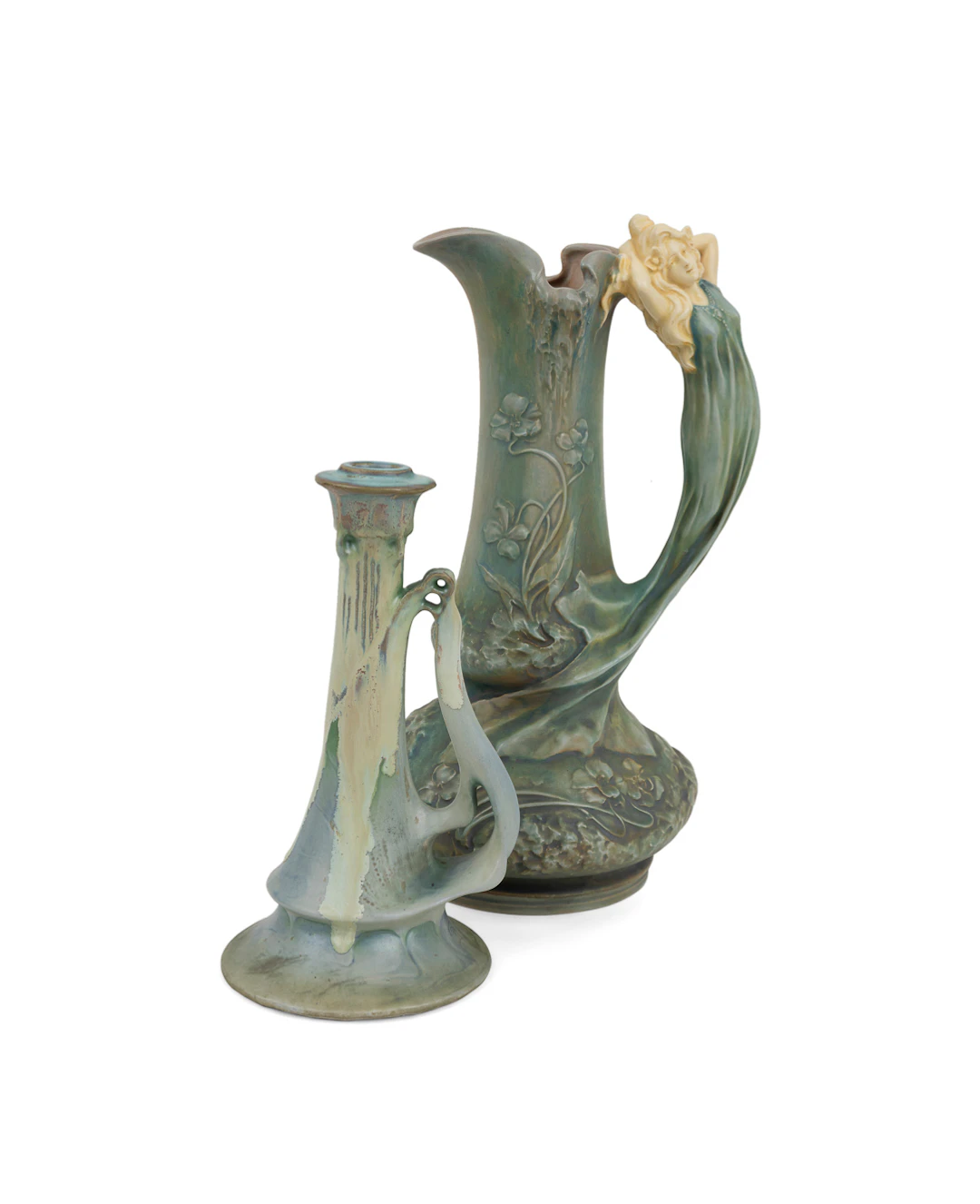 Art Nouveau Figural Ewer & A Candlestick, C. 1900
