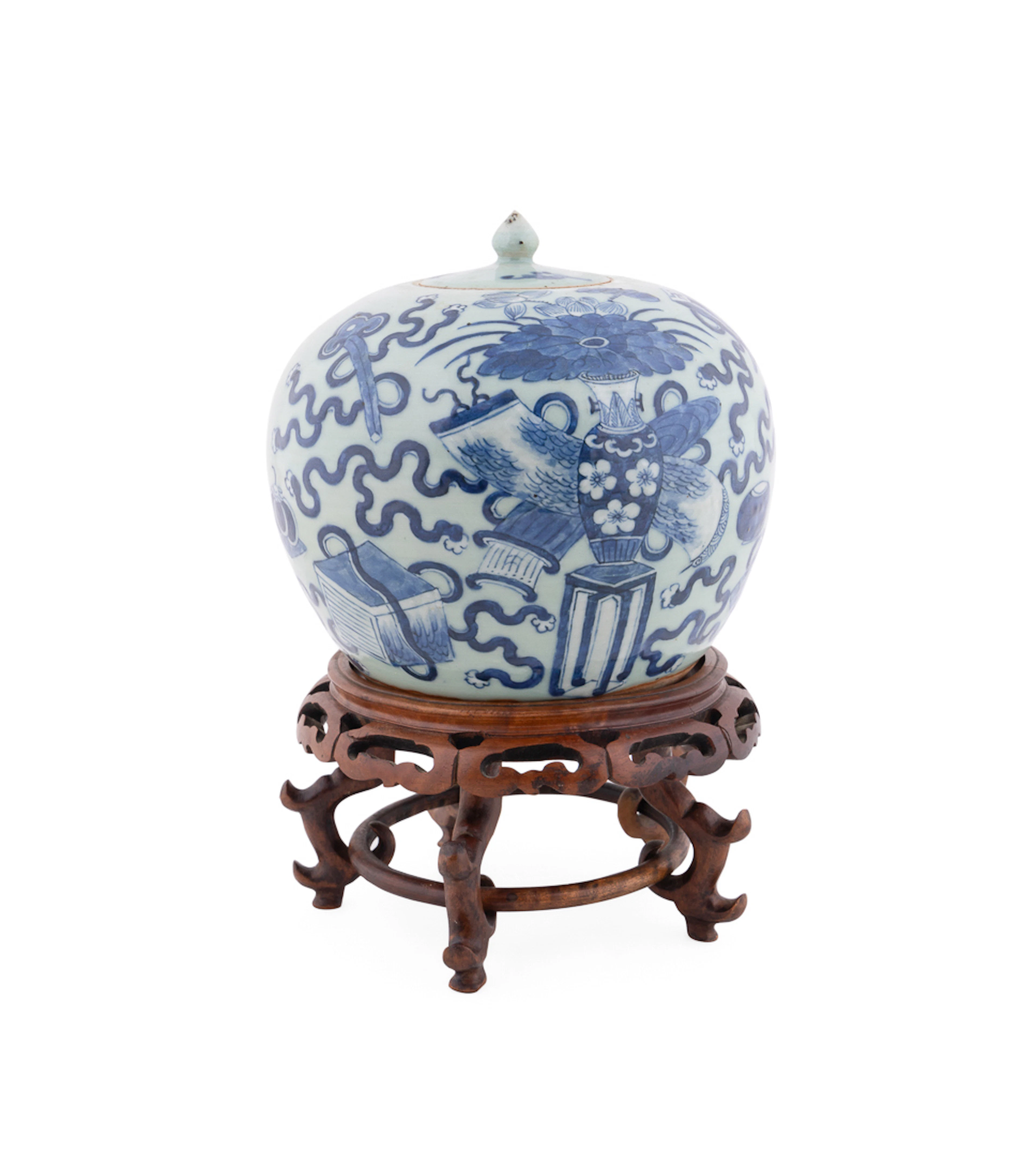 19th C. Chinese Celadon Glazed Blue Lidded Jar