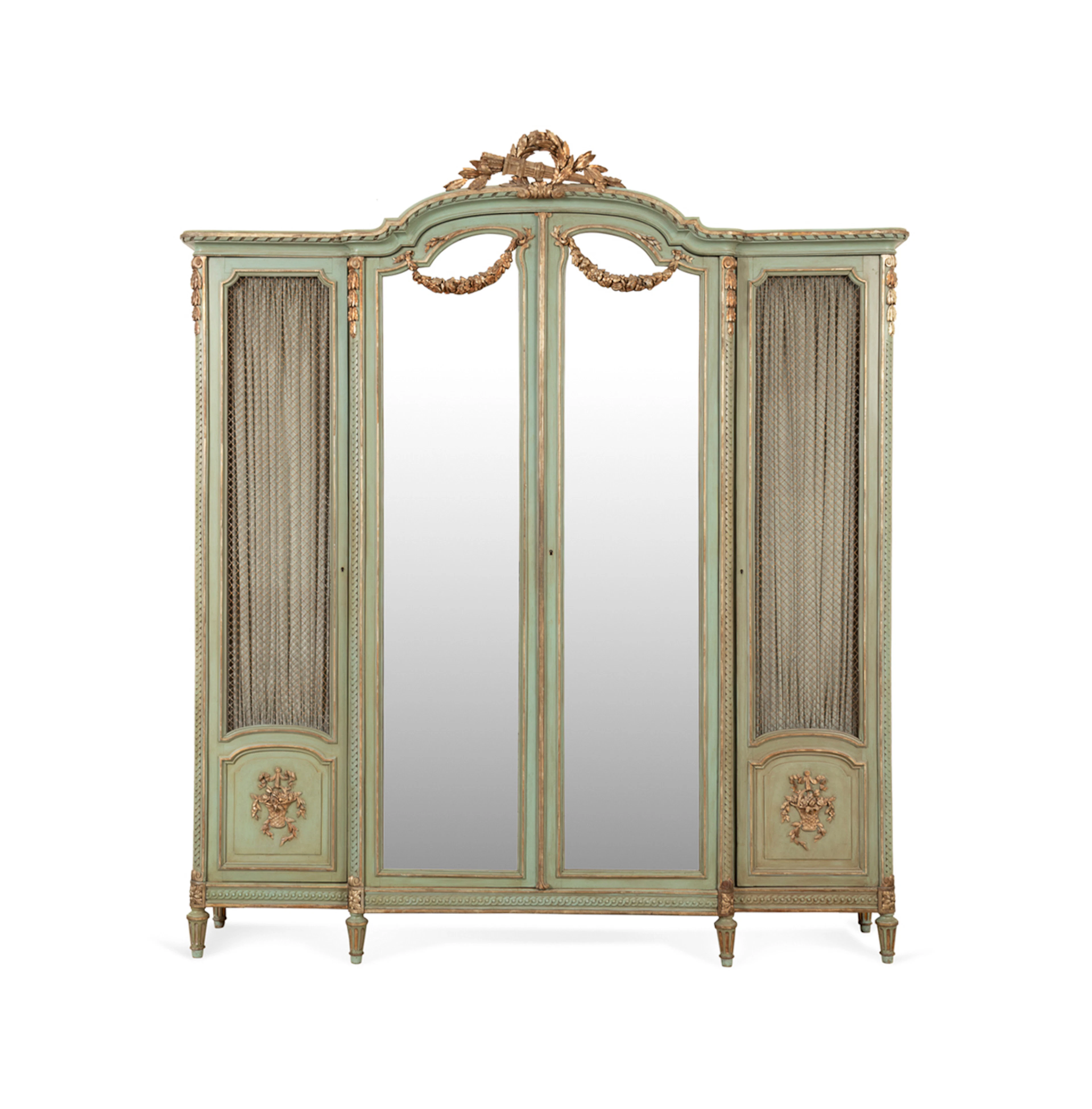 Louis XVI Style Mirror Breakfront Painted Armoire
