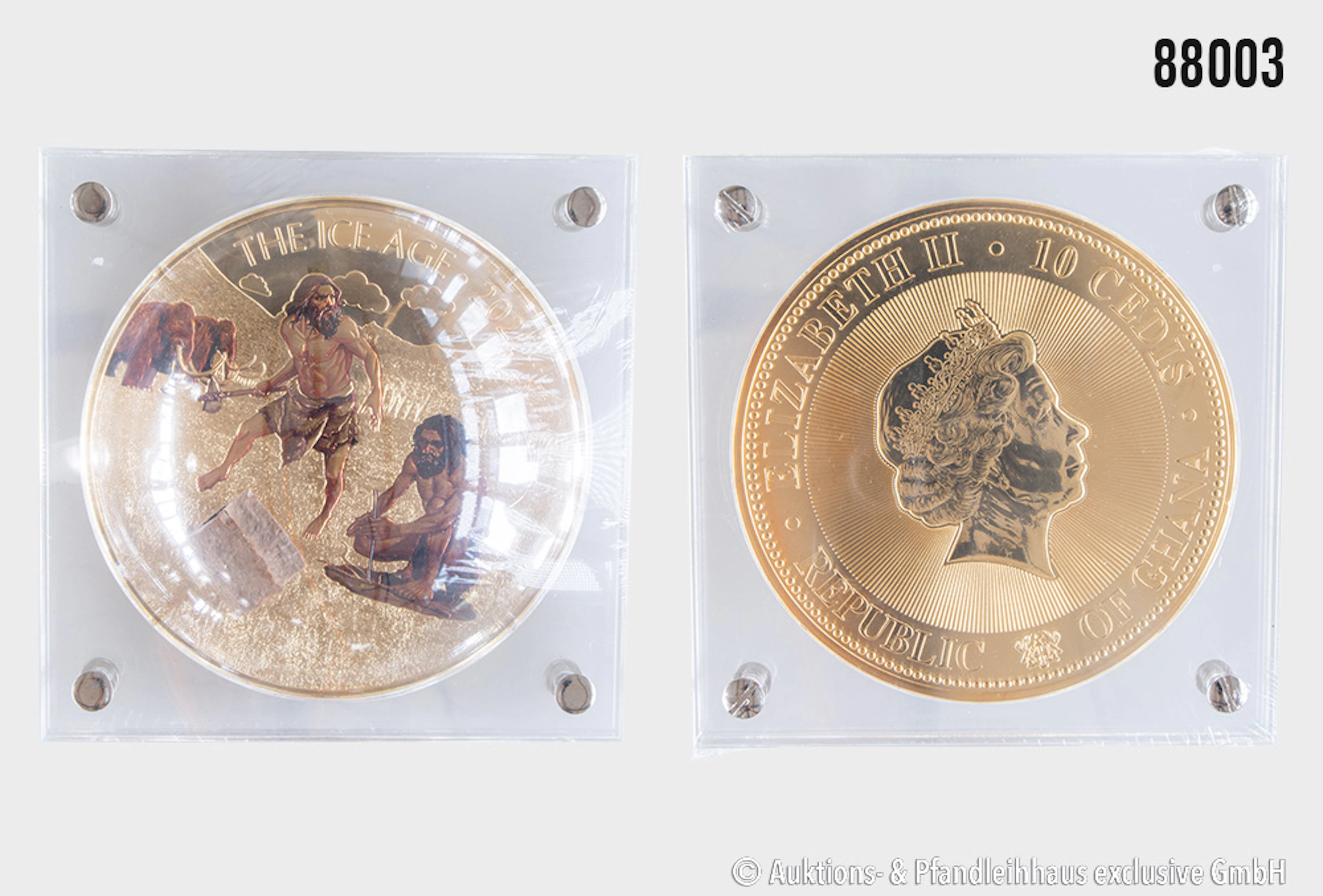 Gigant Medaille Ghana 10 Cedis The Ice Age 2021, mit einem Stück fossilem