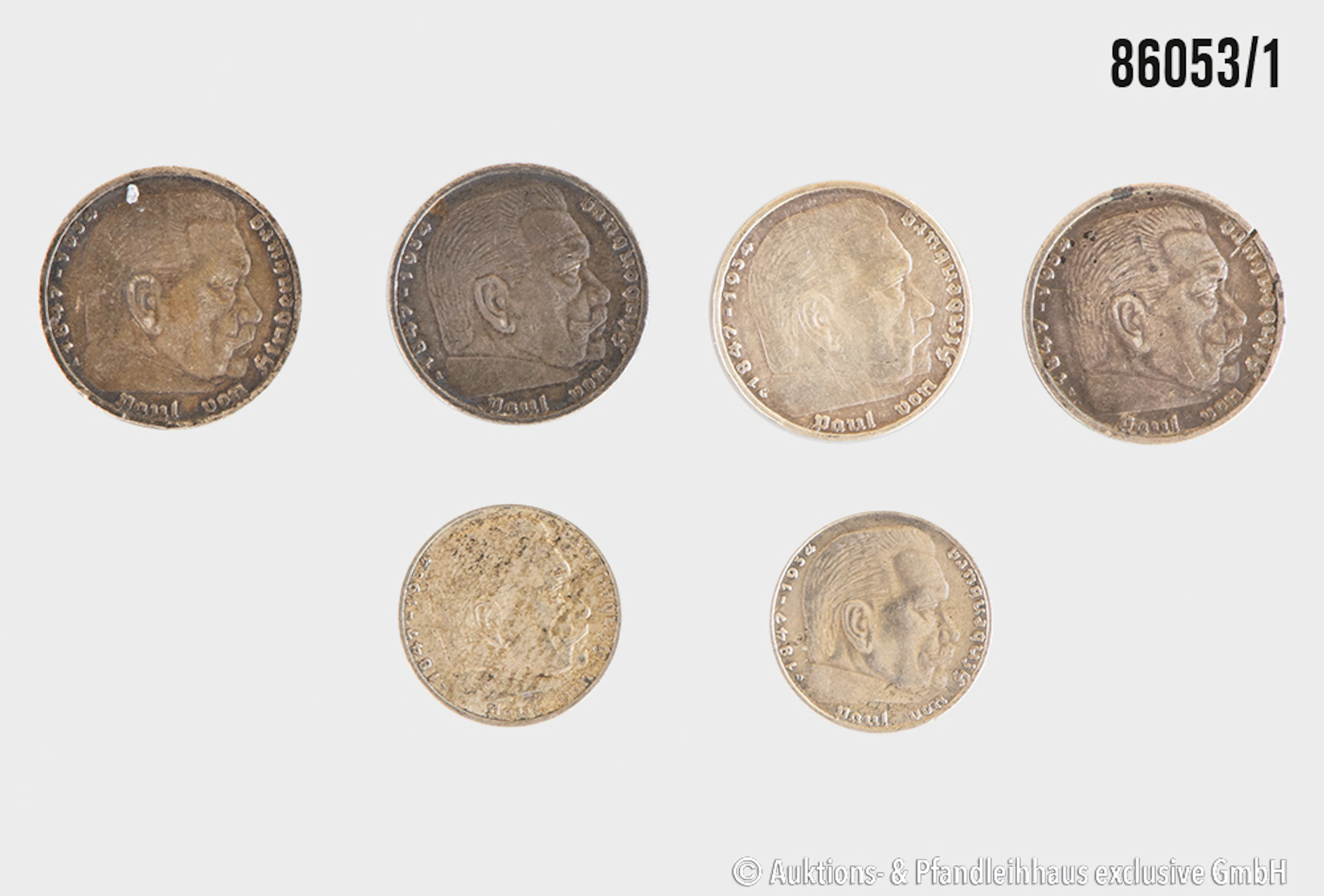 Drittes Reich Konvolut 6 Münzen, 2x 2 RM 1937 D, 1938 A, Silber 625