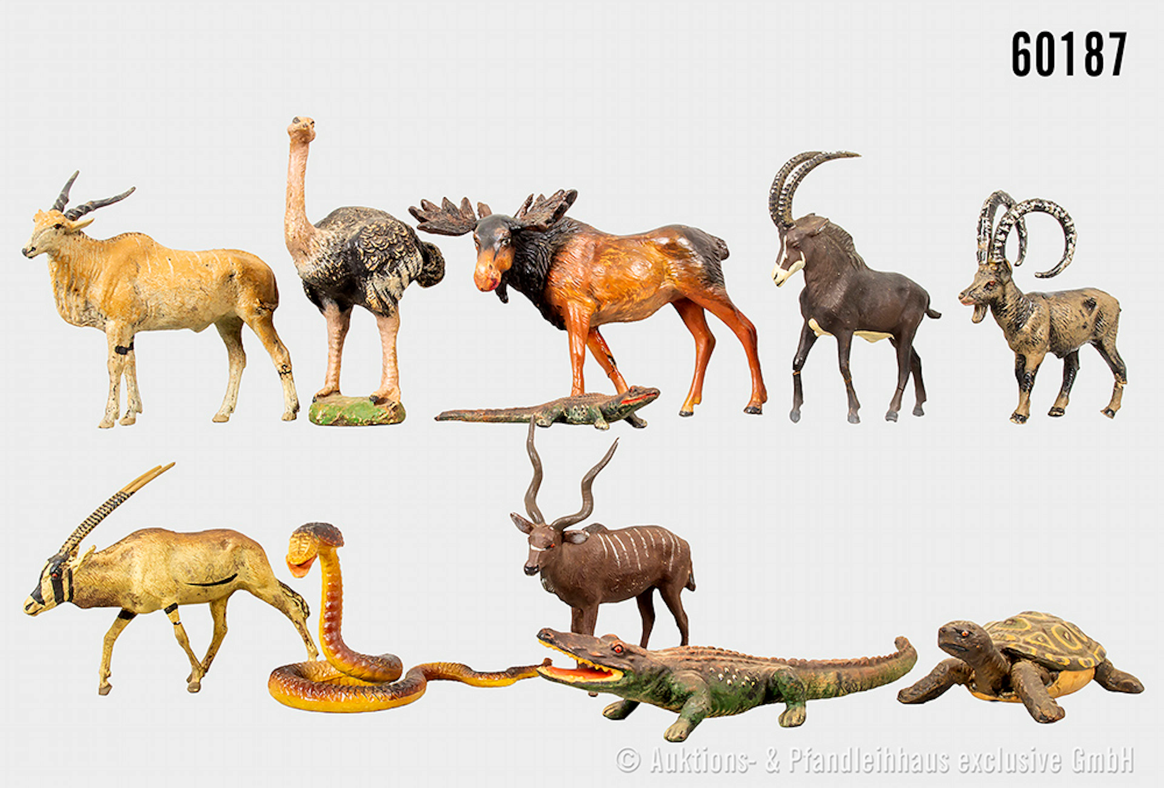 Tiere, u.a. Schlange, Krokodil, Antilope, Strauß, Masse, L bis 19