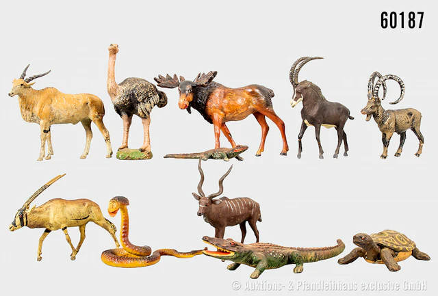 Tiere, u.a. Schlange, Krokodil, Antilope, Strauß, Masse, L bis 19