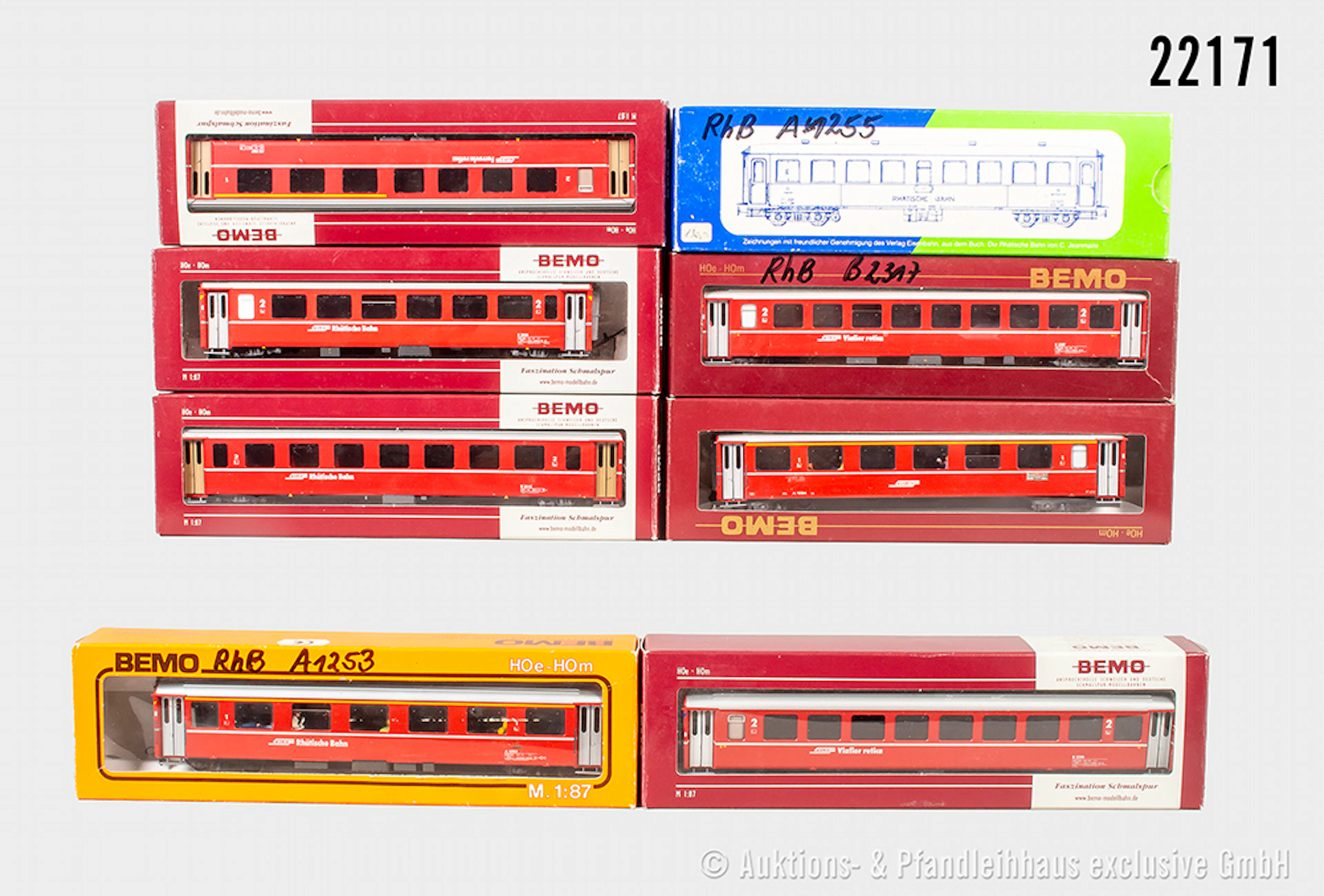 ADE/Roco H0m: 8x Reisezugwagen, RHB, 2x mit Figuren, Z 1-2, überw. OVP