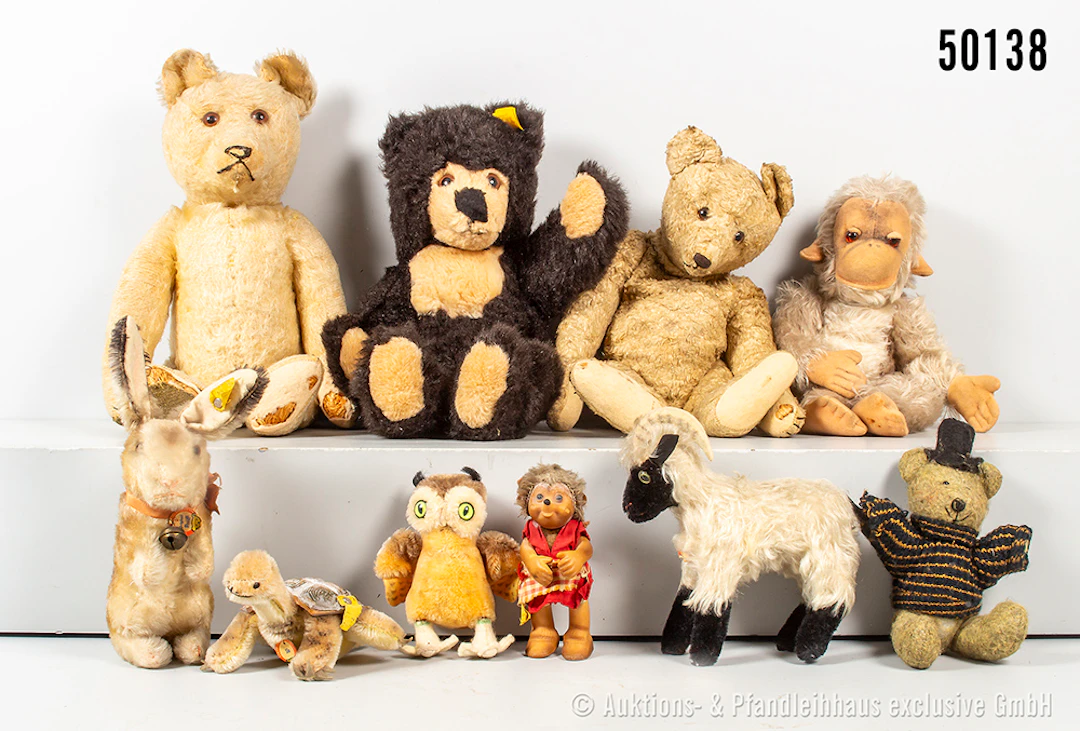 Konv. Tiere, überwiegend Steiff, dabei wohl früher Steiff Teddy aus