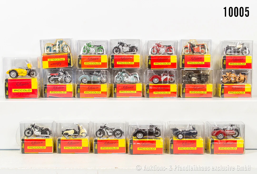 Schuco Piccolo Krafträder, Motorräder, teils mit Beiwagen und Vespas