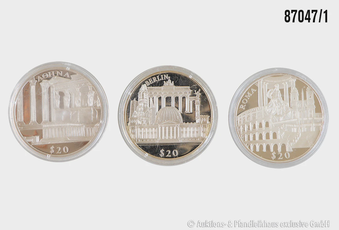 Liberia 3x 20 Dollar 2000, Motive v. Berlin, Rom, Athen, Silber 999