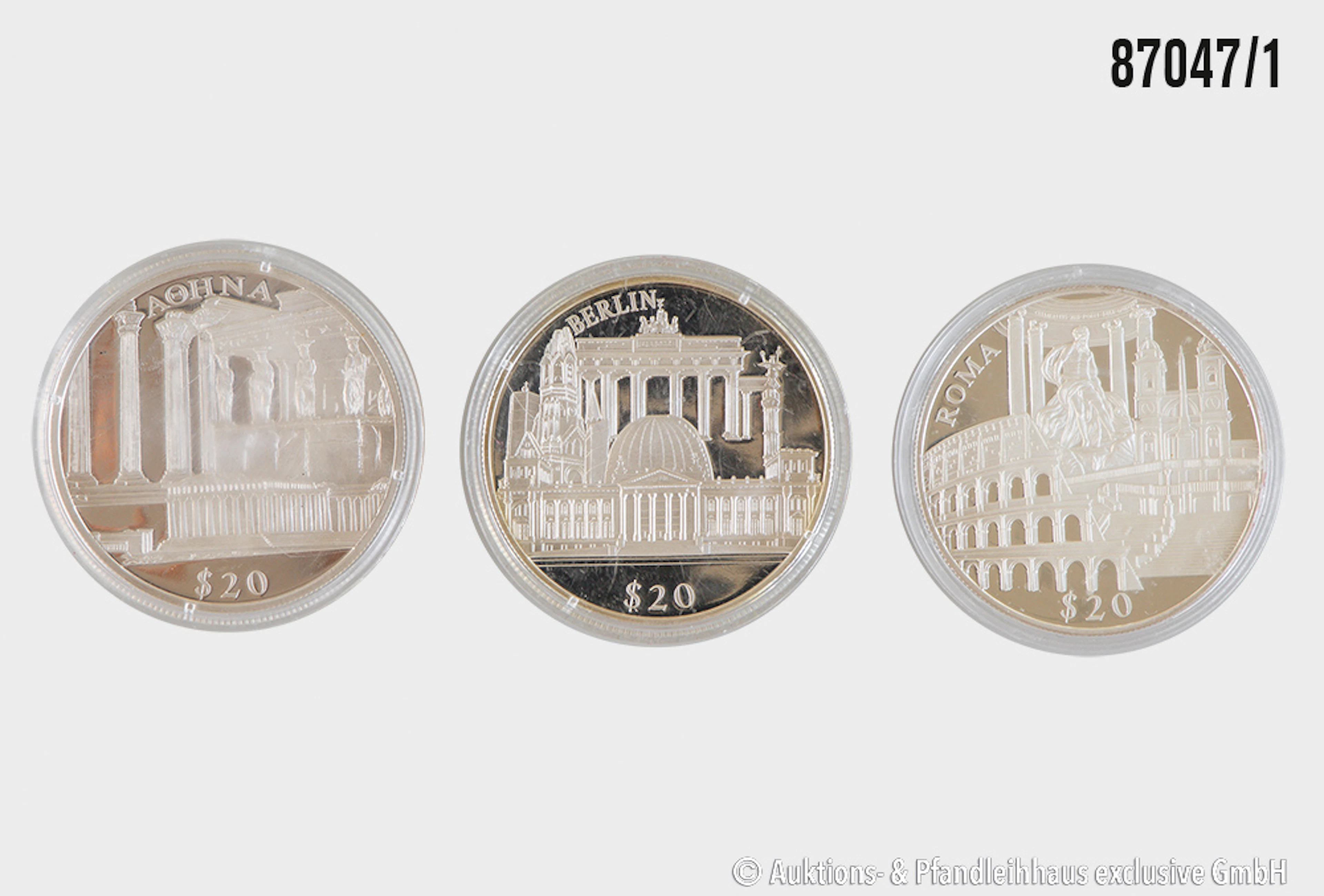 Liberia 3x 20 Dollar 2000, Motive v. Berlin, Rom, Athen, Silber 999