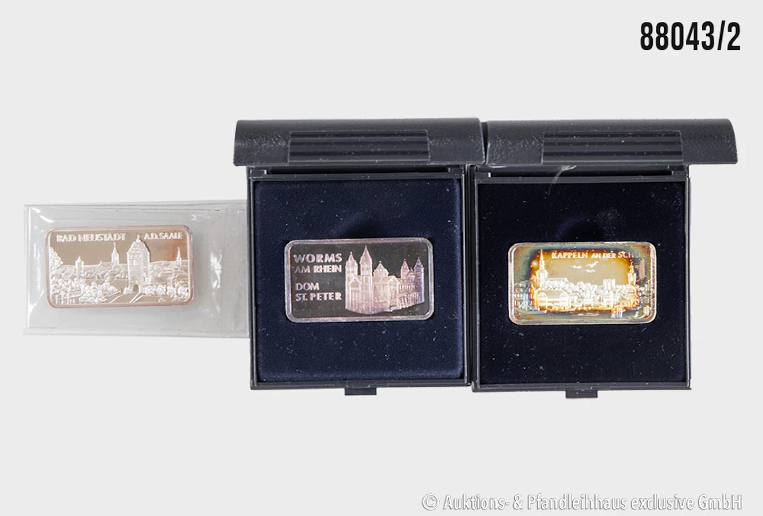 Silberbarren 3 Stück, 2x im Etui, 1x orig. verschweißt, Motive Worms