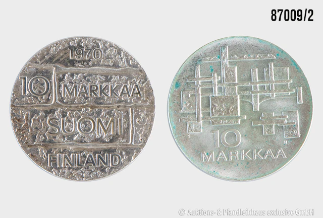 Finnland 2x 10 Markkaa 1967 fliegende Wildgänse, Silber 900, 23,87
