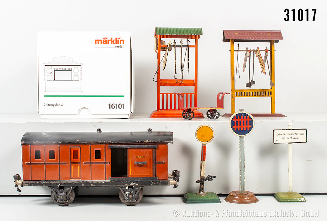 Überw. Märklin Spur 1: 1875 Gepäckwagen, 16101 Zeitungskiosk, Gepäckkarren