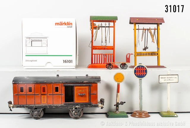 Überw. Märklin Spur 1: 1875 Gepäckwagen, 16101 Zeitungskiosk, Gepäckkarren