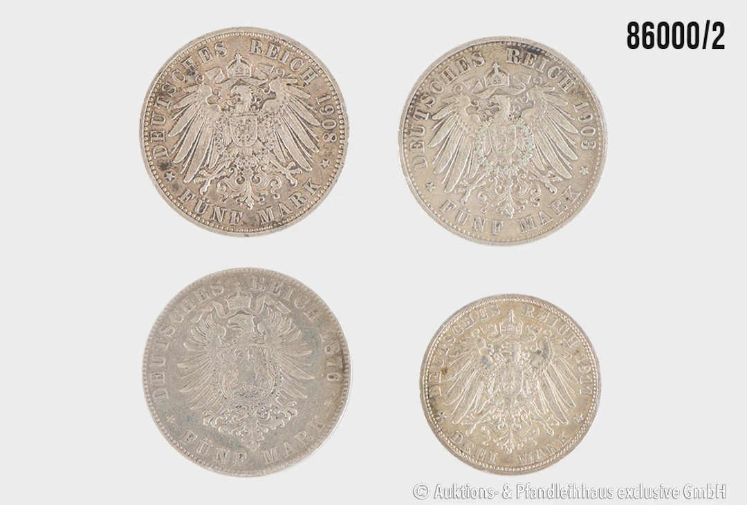 Kaiserreich Konvolut 4 Münzen, 1x 3 Mark Preußen 1911 A, 1x 5 Mark