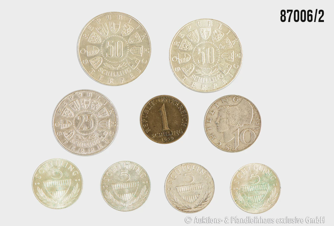 Konvolut Österreich 9 Münzen, 1 Schilling 1959, 4x 5 Schilling 1960