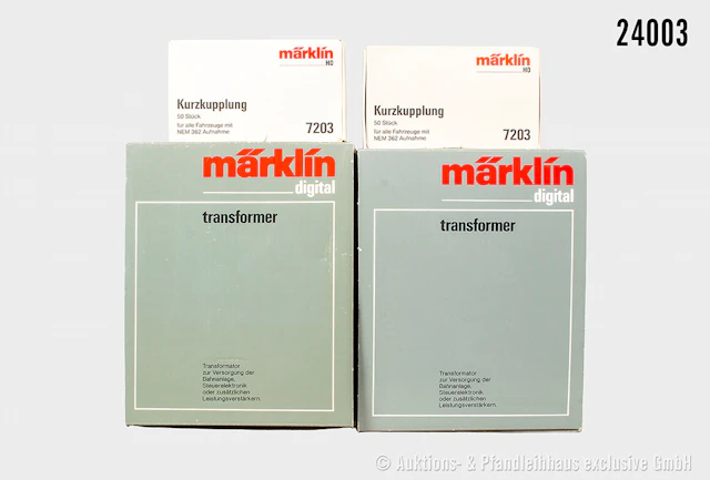 Märklin H0 Zubehör: 2x 6002 Trafo 52 VA, 2x 7202 Kurzkupplungen (unvollständig)
