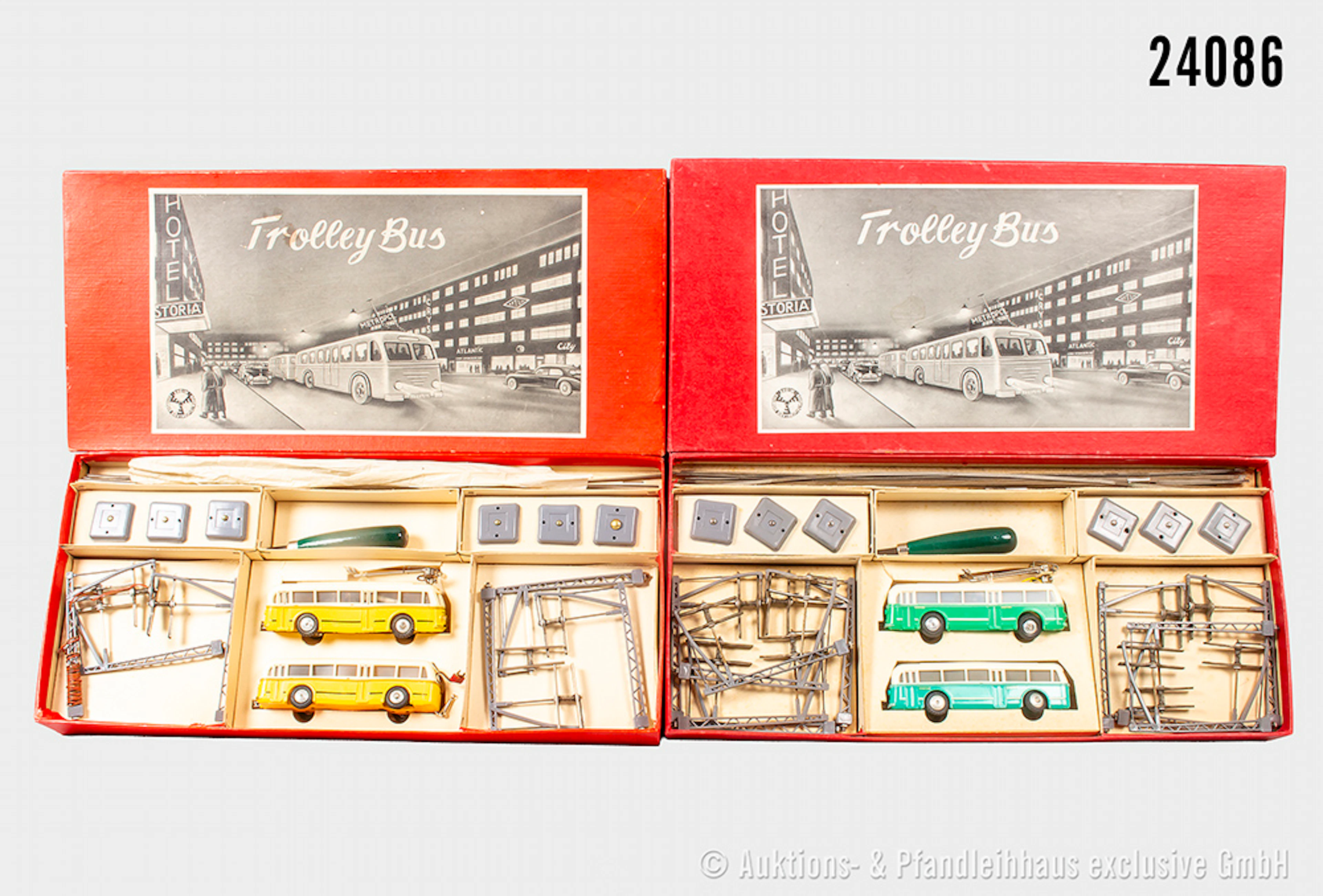 Eheim H0: 2x 102 Trolley-Bus-Sets (grün+gelb), ohne Trafo, Z 1-2, OVP