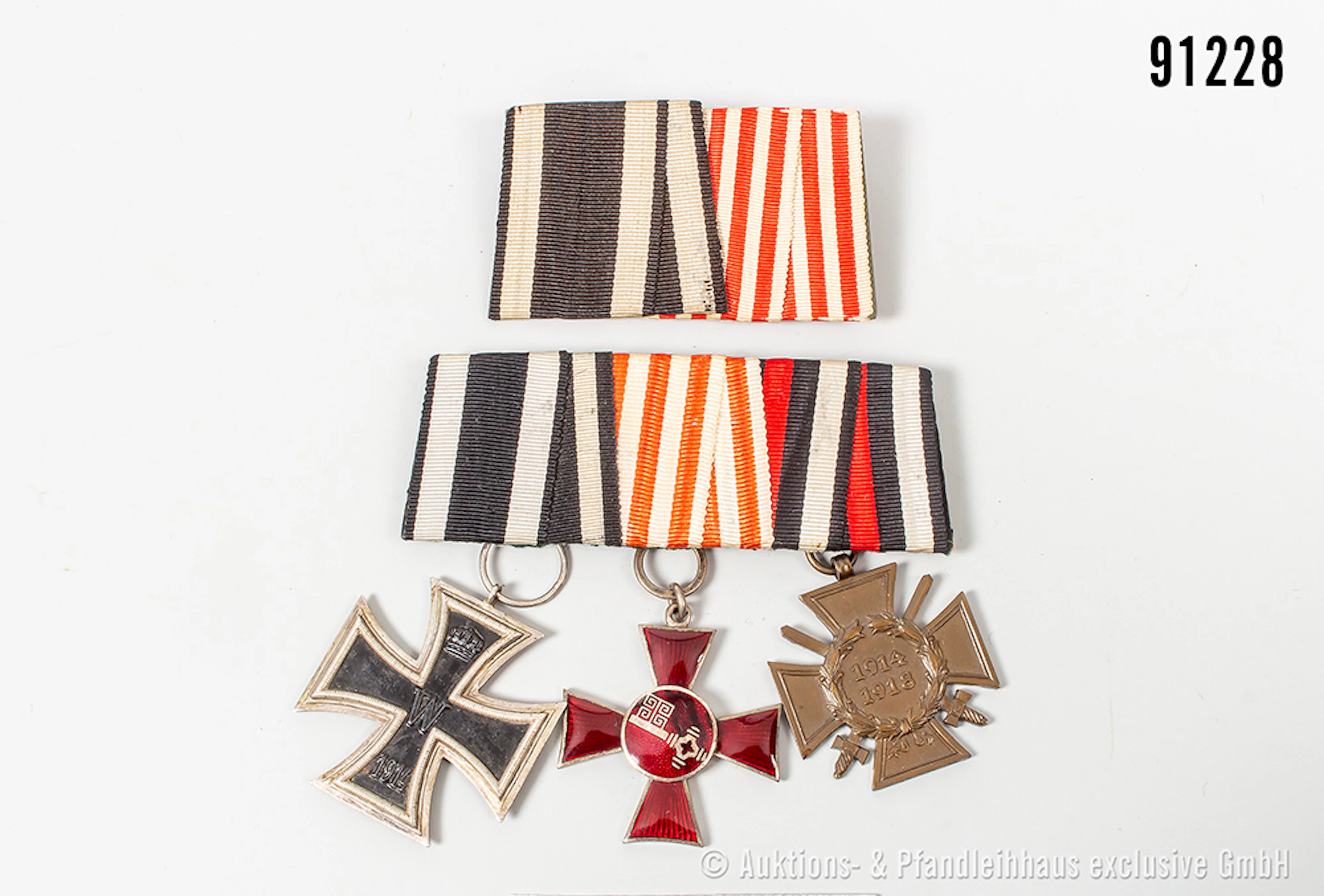 Konv. 3er Ordensspange, EK 2 1914, Hanseatenkreuz Bremen und EKF
