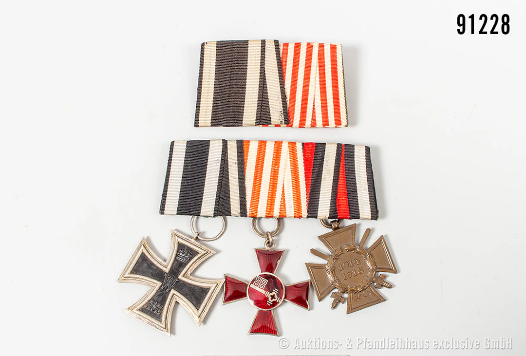 Konv. 3er Ordensspange, EK 2 1914, Hanseatenkreuz Bremen und EKF