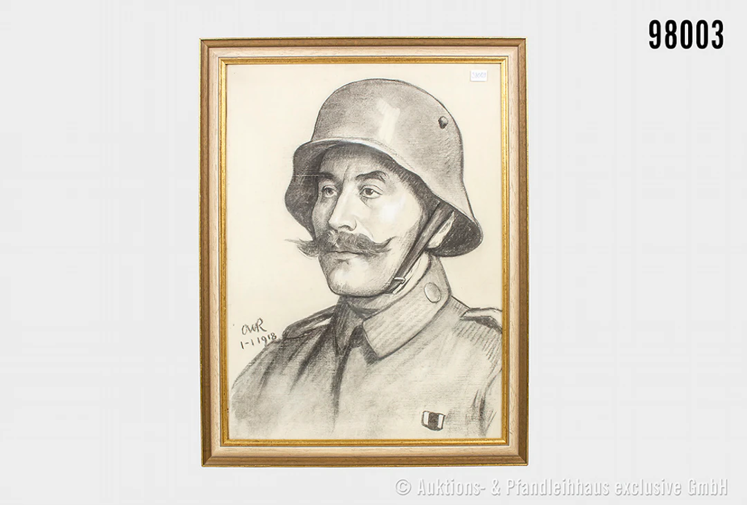 Kohlezeichnung 1. WK, Soldat in feldgrauer Uniform, mit Stahlhelm