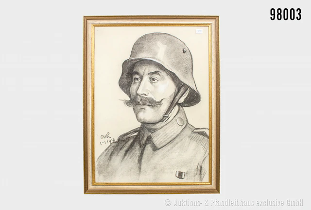 Kohlezeichnung 1. WK, Soldat in feldgrauer Uniform, mit Stahlhelm