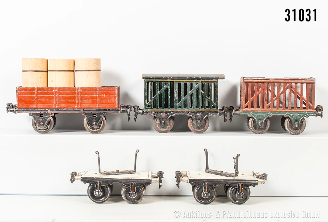 Märklin Spur 1: 2x Viehwagen, offener Güterwagen, 2x Langholz- Wagen, Z 3