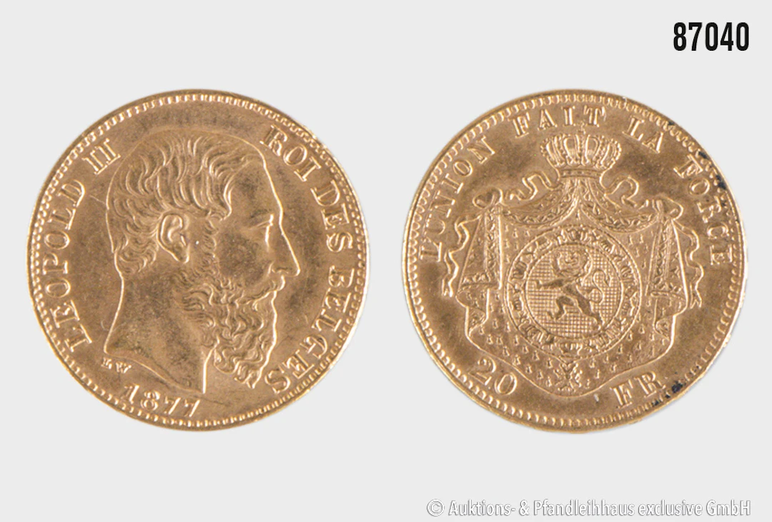Belgien 20 Francs 1877, Gold 900, 6,46 g, Zust. Zust. ss