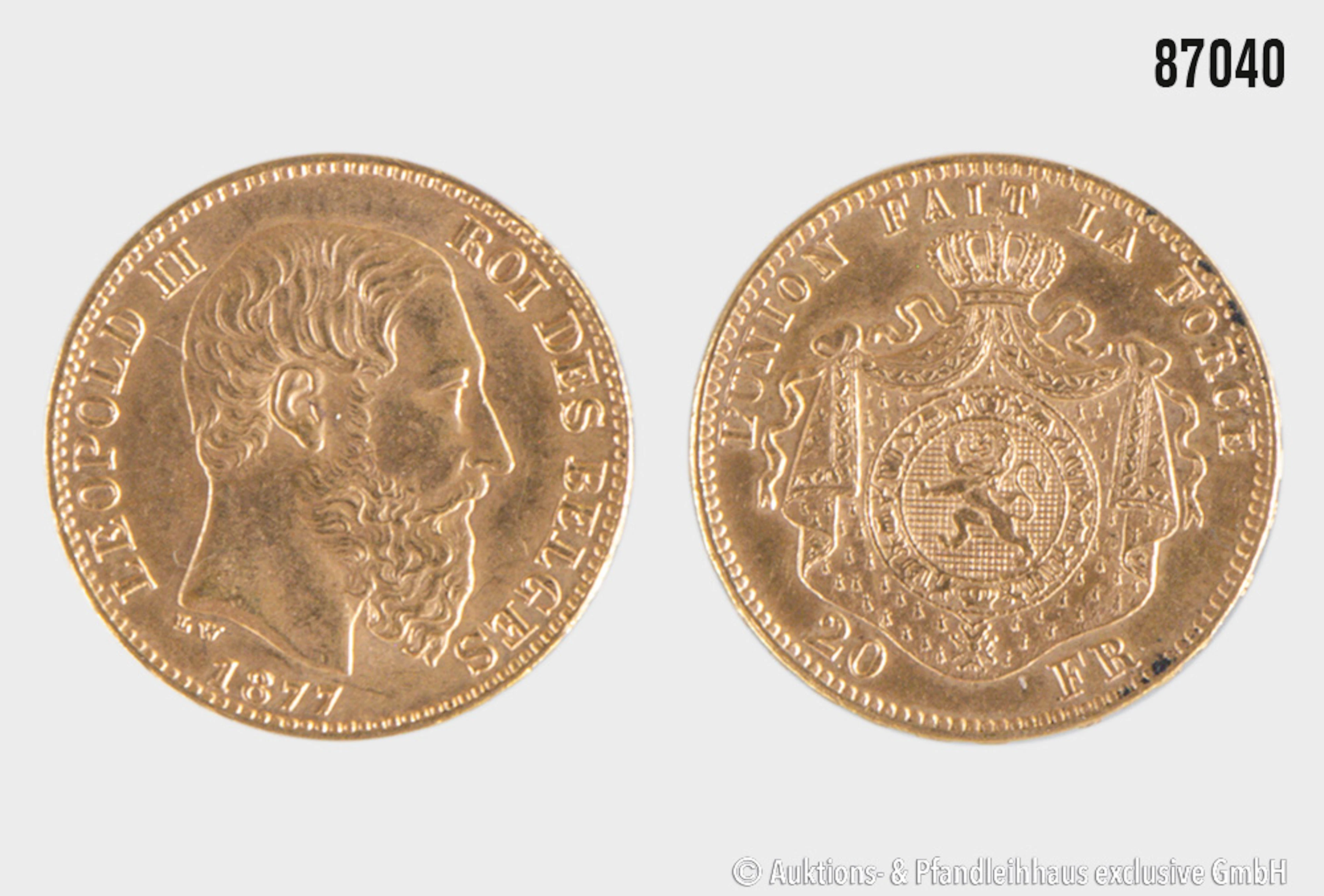 Belgien 20 Francs 1877, Gold 900, 6,46 g, Zust. Zust. ss