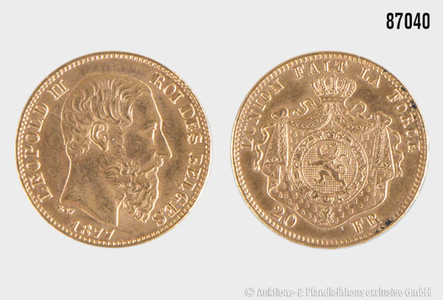 Belgien 20 Francs 1877, Gold 900, 6,46 g, Zust. Zust. ss