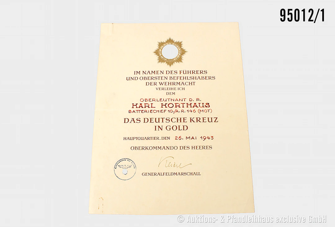 Große Verleihungsurkunde für das Deutsche Kreuz in Gold, 26.Mai1943