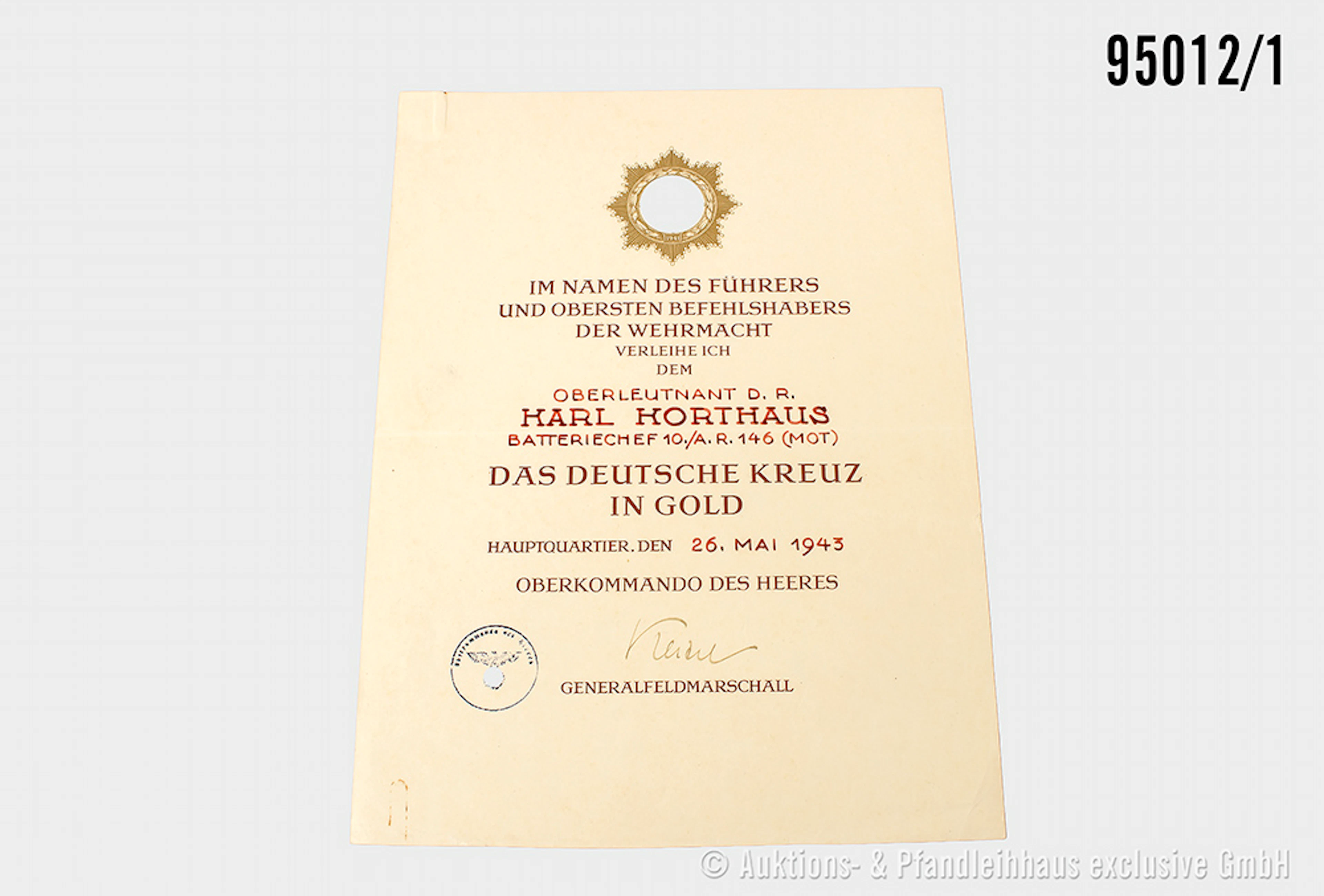 Große Verleihungsurkunde für das Deutsche Kreuz in Gold, 26.Mai1943