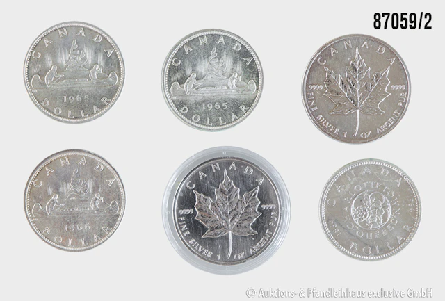 Kanada Konvolut 6 Münzen, 1x 1 Dollar 1964 Silber 800, 23,59 g, 2x