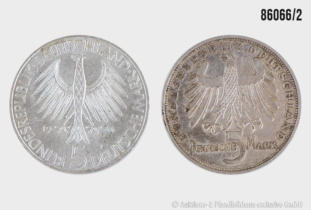 BRD Konvolut 2x 5 Mark Gedenkmünzen, Schiller 1955 F, Fichte 1964