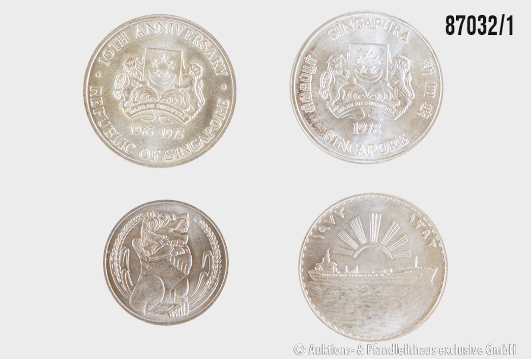 Konvolut 4 Münzen, Singapur 1x 1 Dollar 1967 Cu/Ni, 2x 10 Dollar 1975