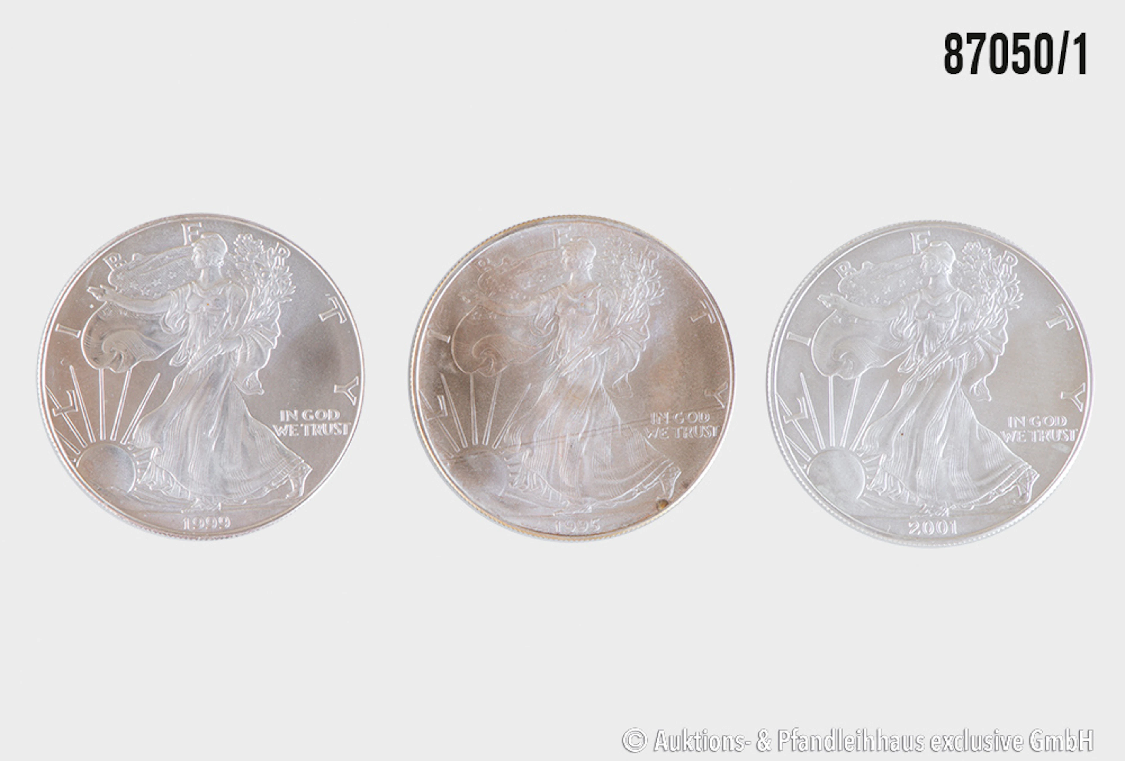 USA 3x 1 Dollar 1995, 1999, 2001, Silber 999, jeweils 1 Unze, Zust. vz